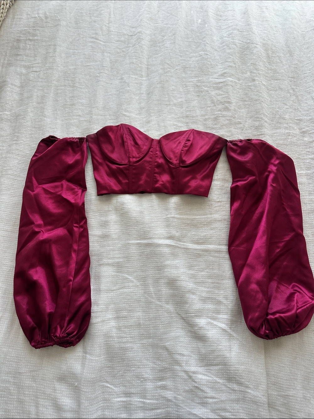 Boohoo Burgundy Satin Off-Shoulder Bustier Crop Top with Balloon Sleeves